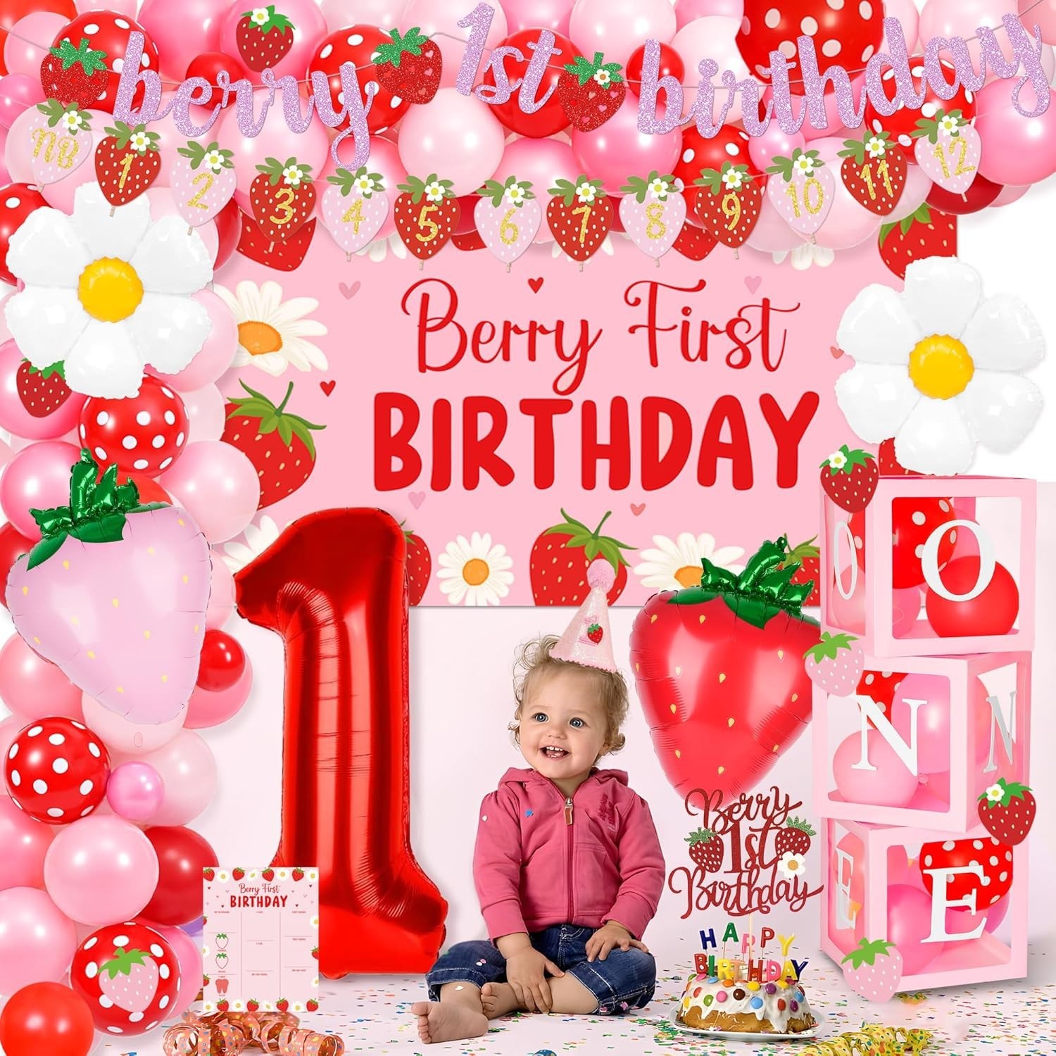 Berry 1st Birthday Decor Set: Strawberry Theme with Balloon Arch & Backdrop