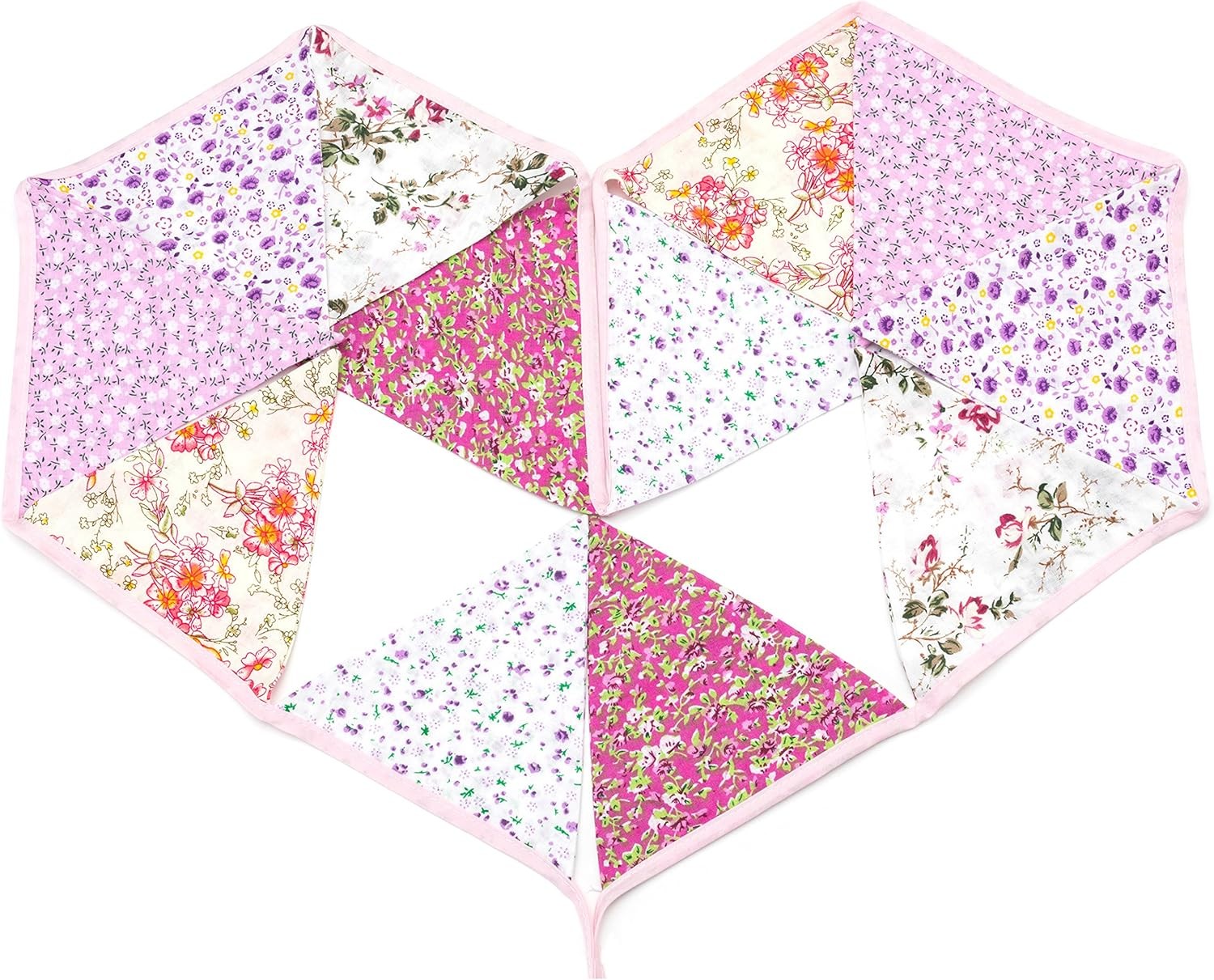 LOVENJOY Pink Floral 100% Cotton Bunting Banner for Girls 10.8 Feet, White