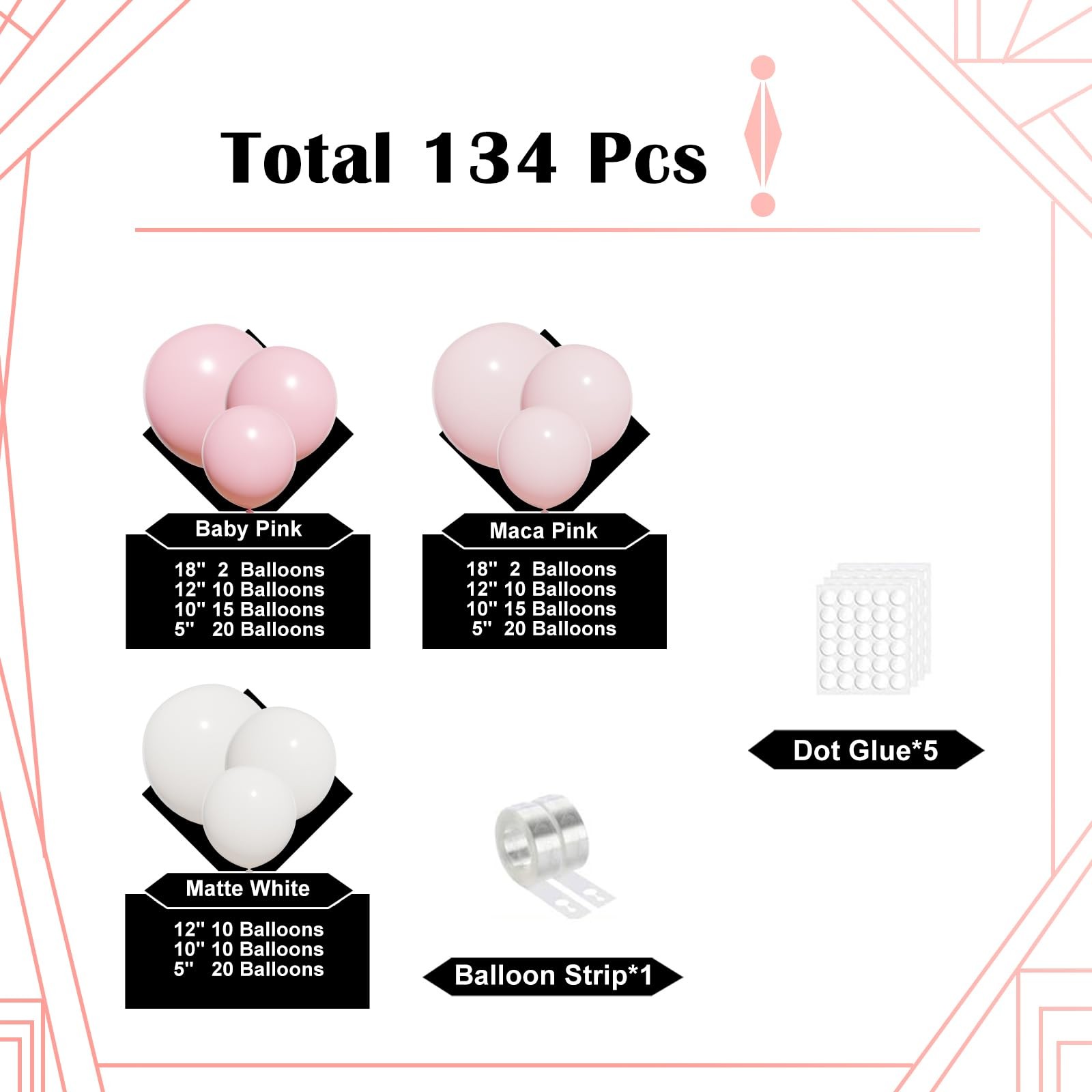 Light Pink Balloon Arch Kit, 134Pcs Pink and White Balloons