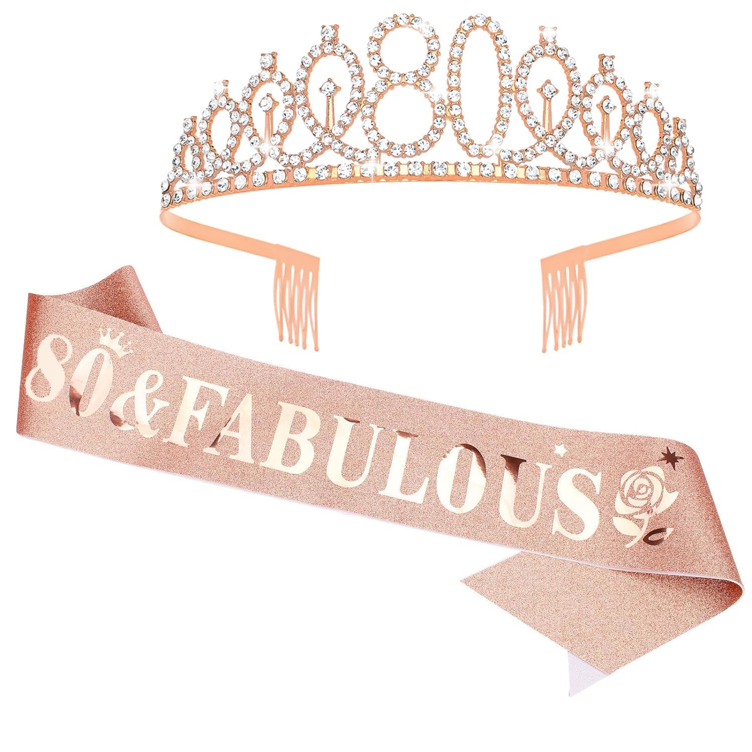 Lightweight 80th Birthday Rose Gold Sash and Crown Set – Ultimate Party Favors