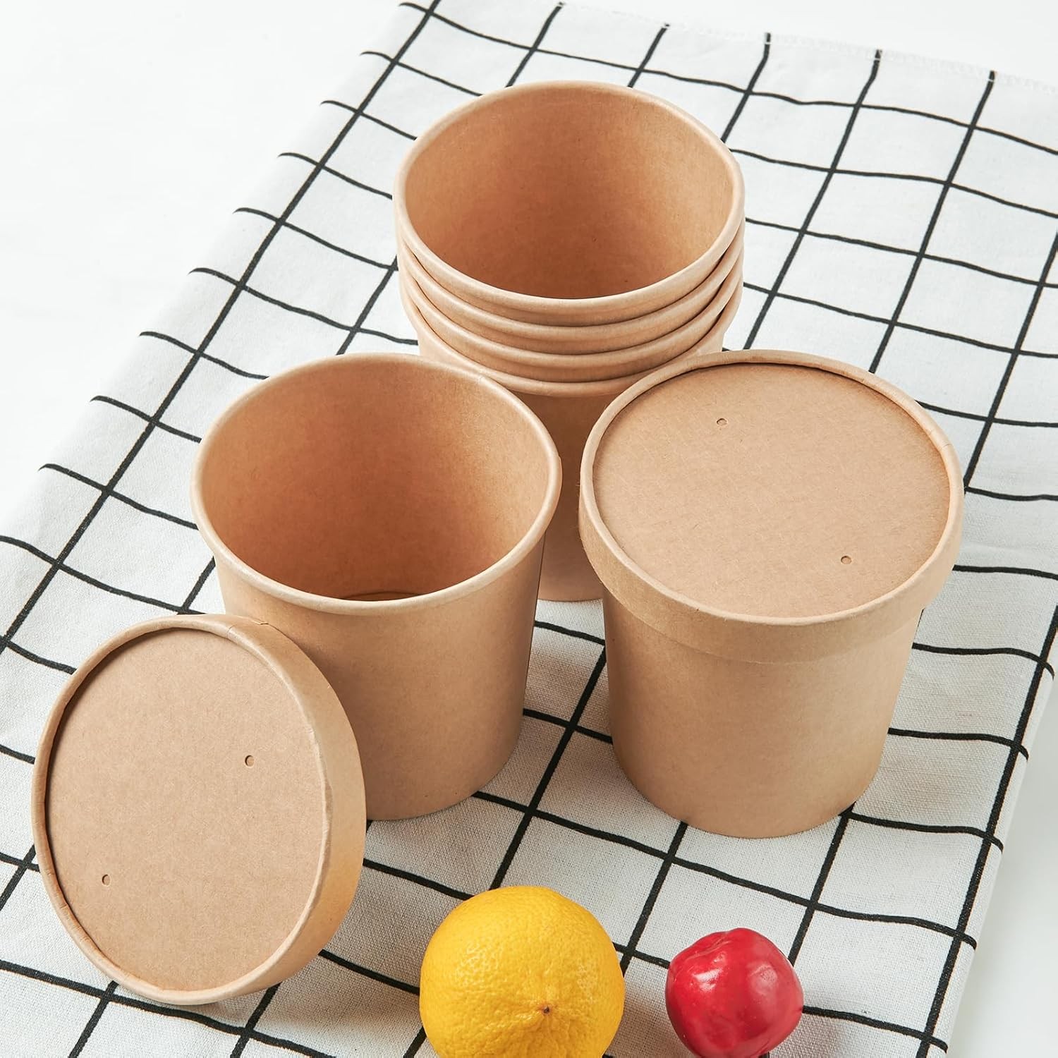 50pack 16oz Paper Soup Containers with Lids, Disposable Paper Food Cups, Brown