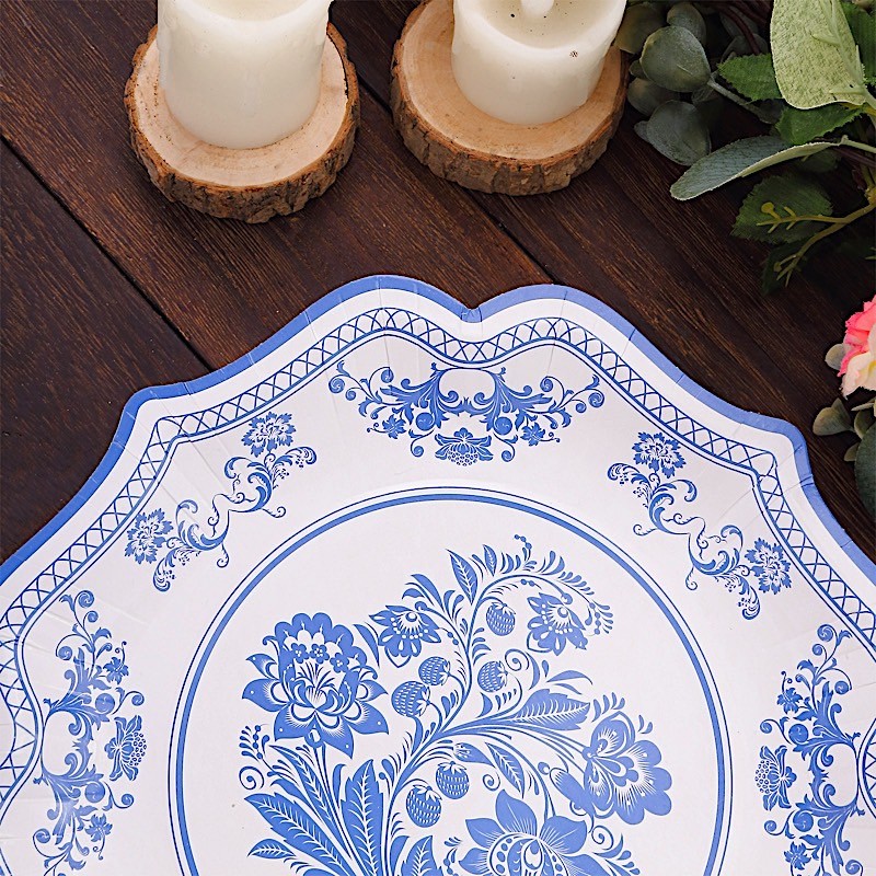 25 White Blue 10 in Floral Disposable Dessert Paper PLATES Scallop Trim Party