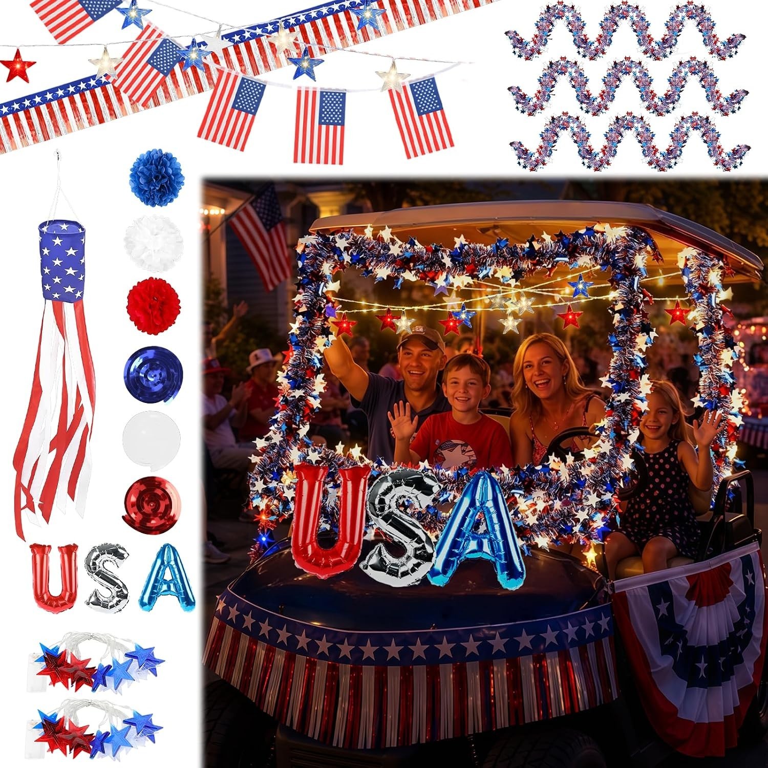 74 PCS Lighted 4th of July Golf Cart Decorations Kit with LED Star String Lig…