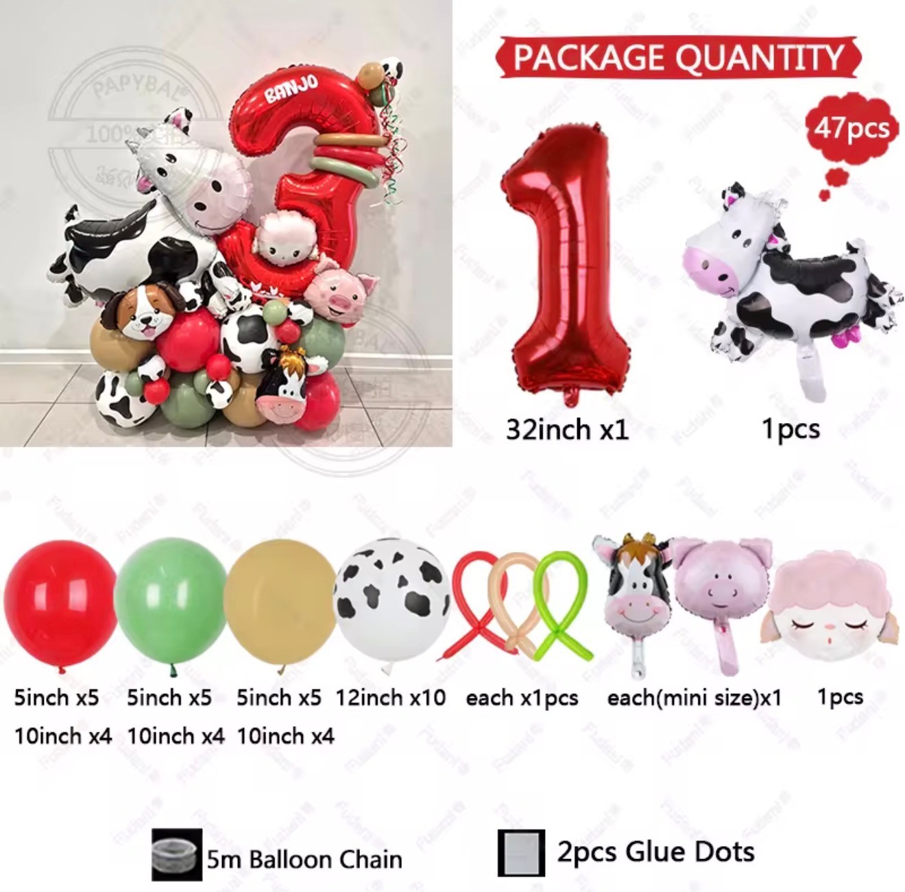 47pcs Farm Theme Animal Cow Sheep Pig Birthday Party 30″ Number Balloons Set UK