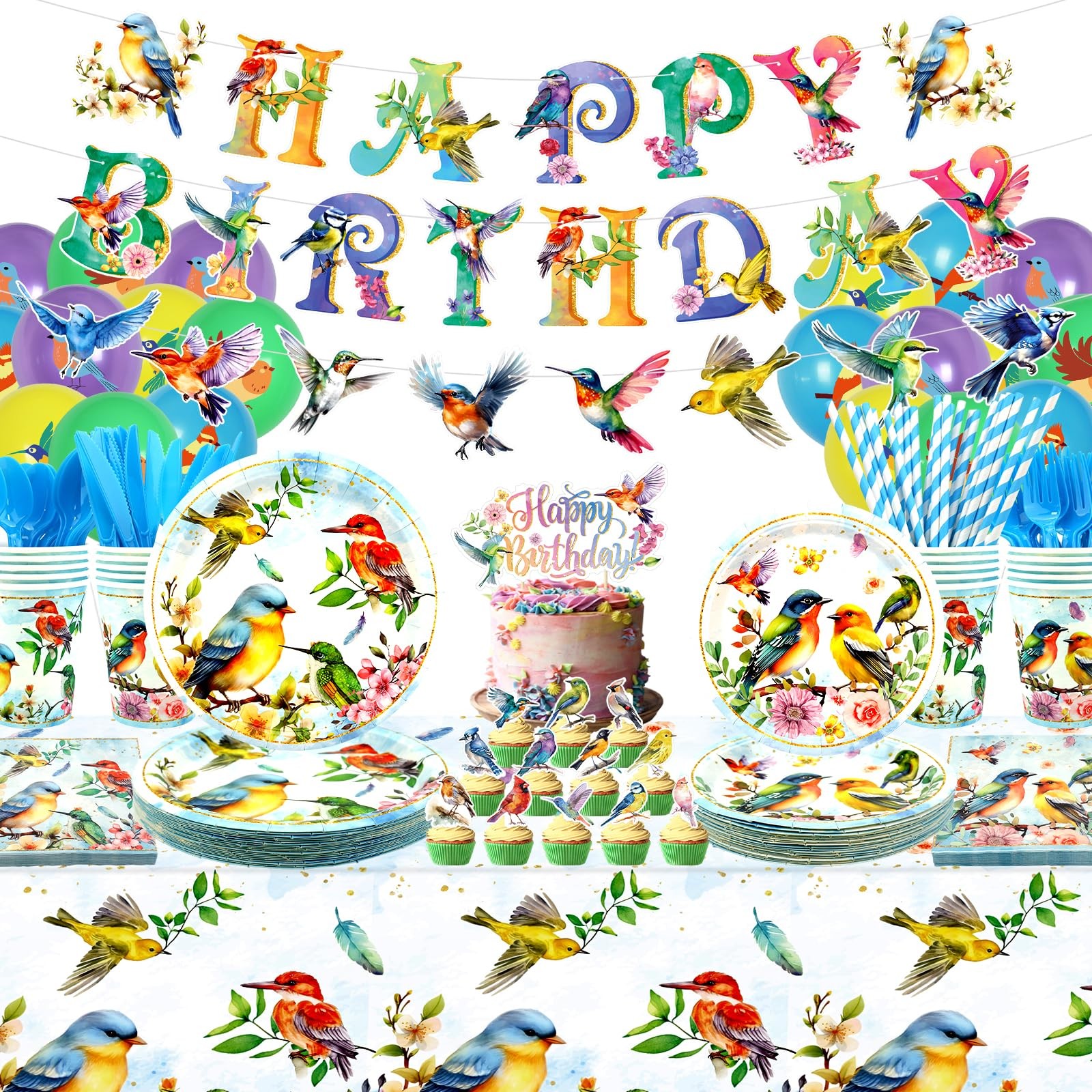 Bird Party Supplies, Includes Happy Birthday Banners, Plates, Tablecloth, Cup…