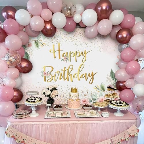 Rose Gold Birthday Backdrop for Women Pink Floral Golden Flash Happy 6×3.6ft