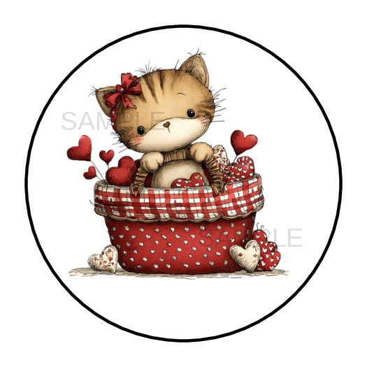 Whimsical Valentines Day Kitten Stickers Labels Tags Cat Round Envelope Seals