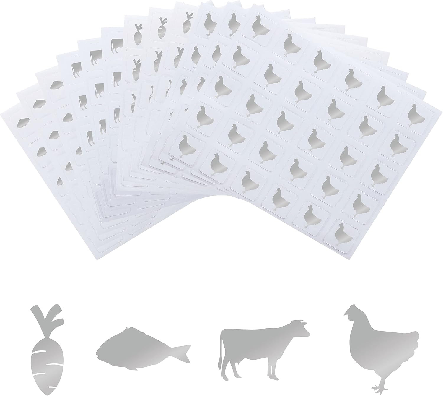 2400Pcs 0.5 Inch Silver Meal Stickers – Cow/Chicken/Fish/Carrot Design