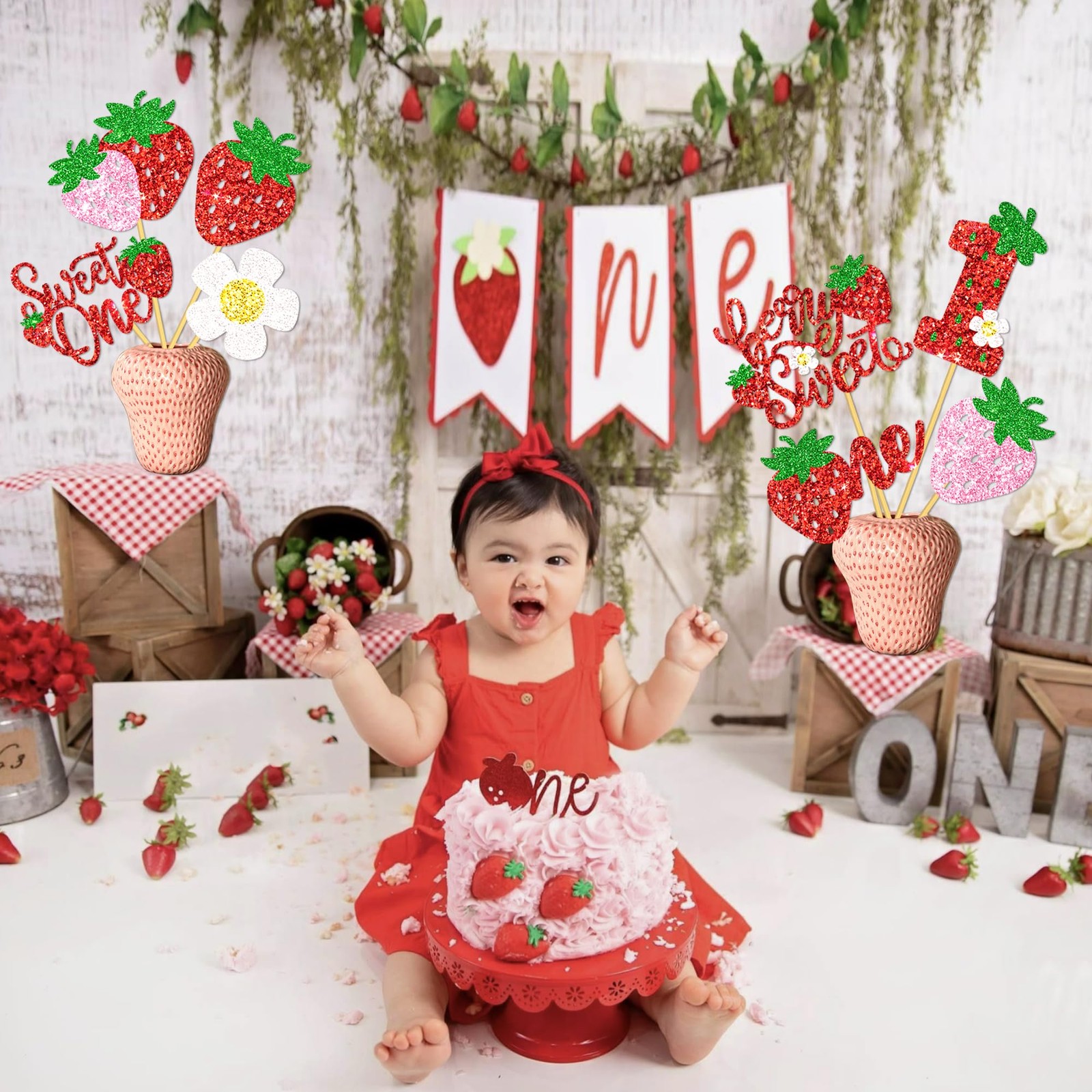16 PCS Strawberry Sweet One Centerpiece Sticks Berry 1st Birthday Decor