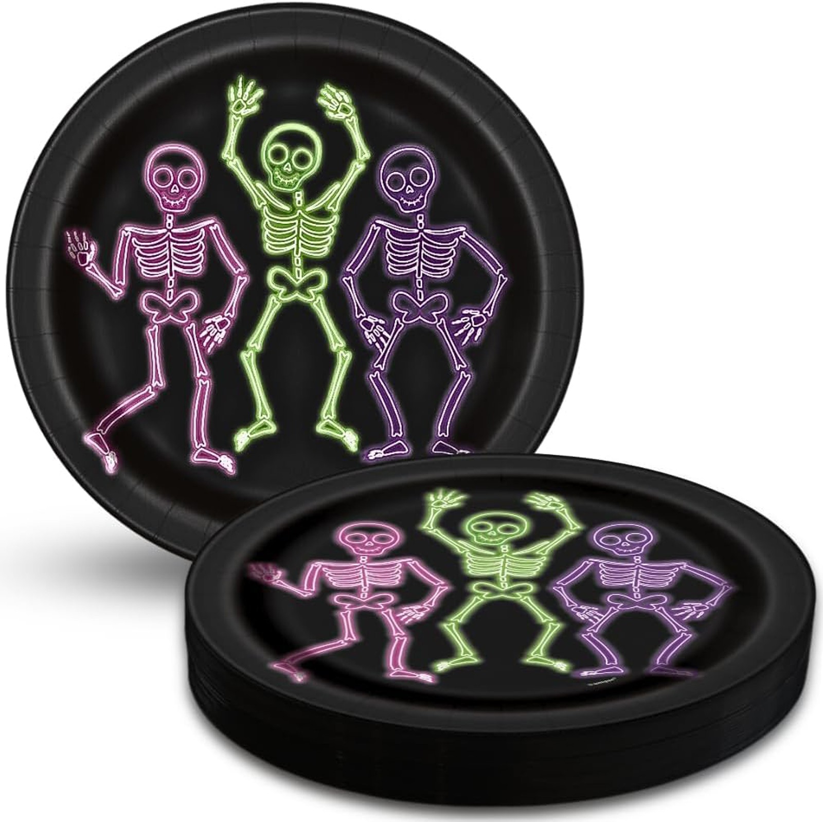 Halloween Party Plates Skeleton Black Neon Modern Funny Dancing Skeletons x 8