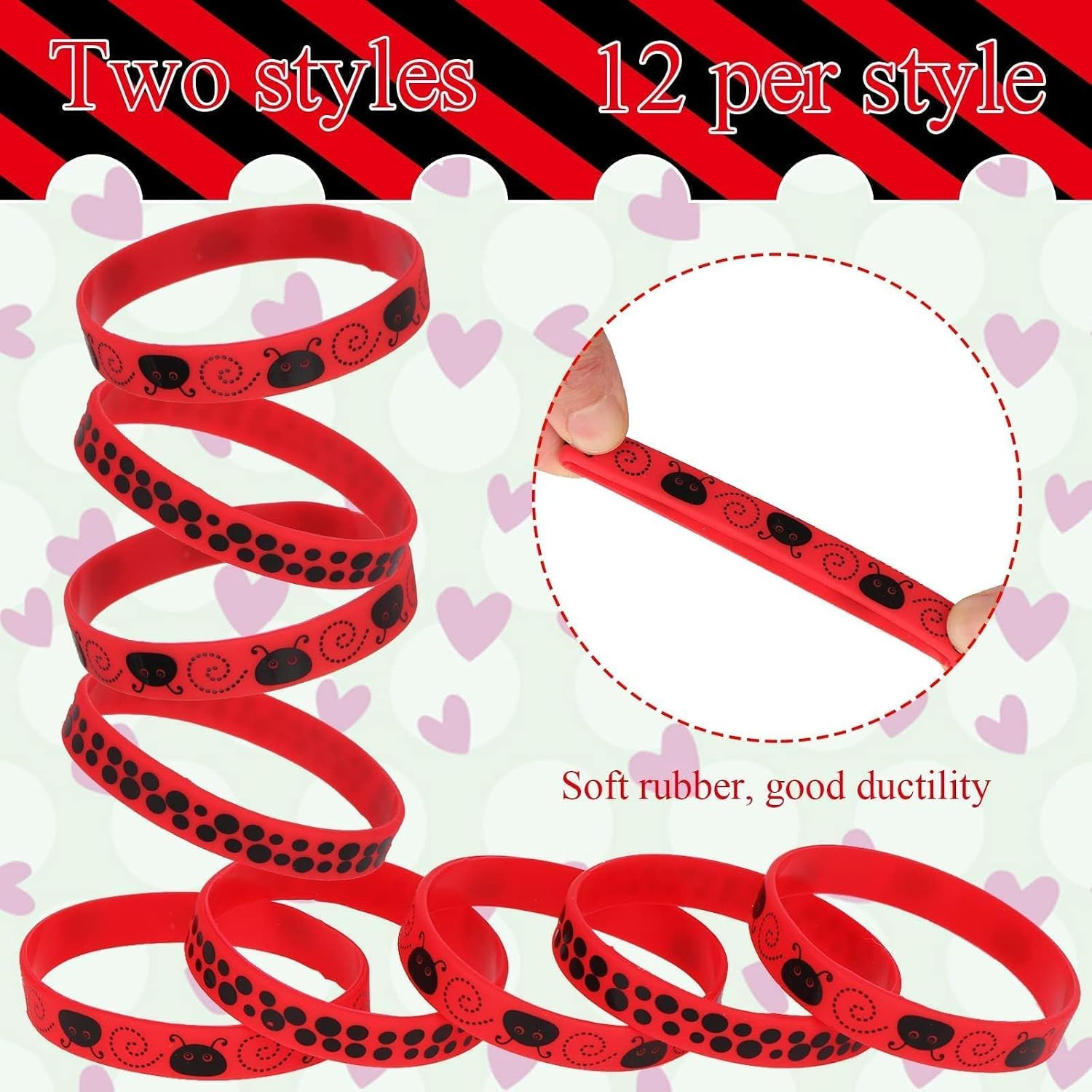 24 Pieces Ladybug Silicone Bracelets Ladybug Silicone Wristbands Ladybugs Themed