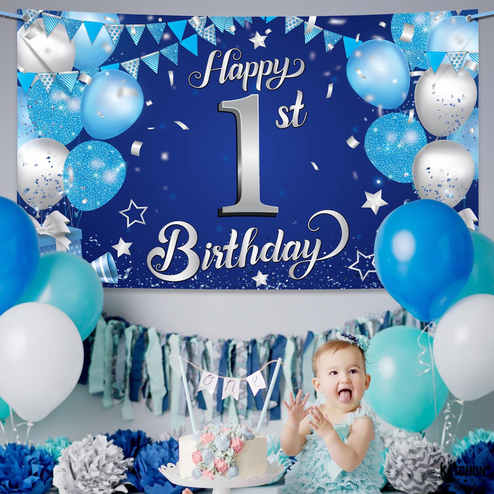 Happy 1st Birthday Banner Boy – 72×44 Inch, Xtralarge | Blue and Silver 1st Bir