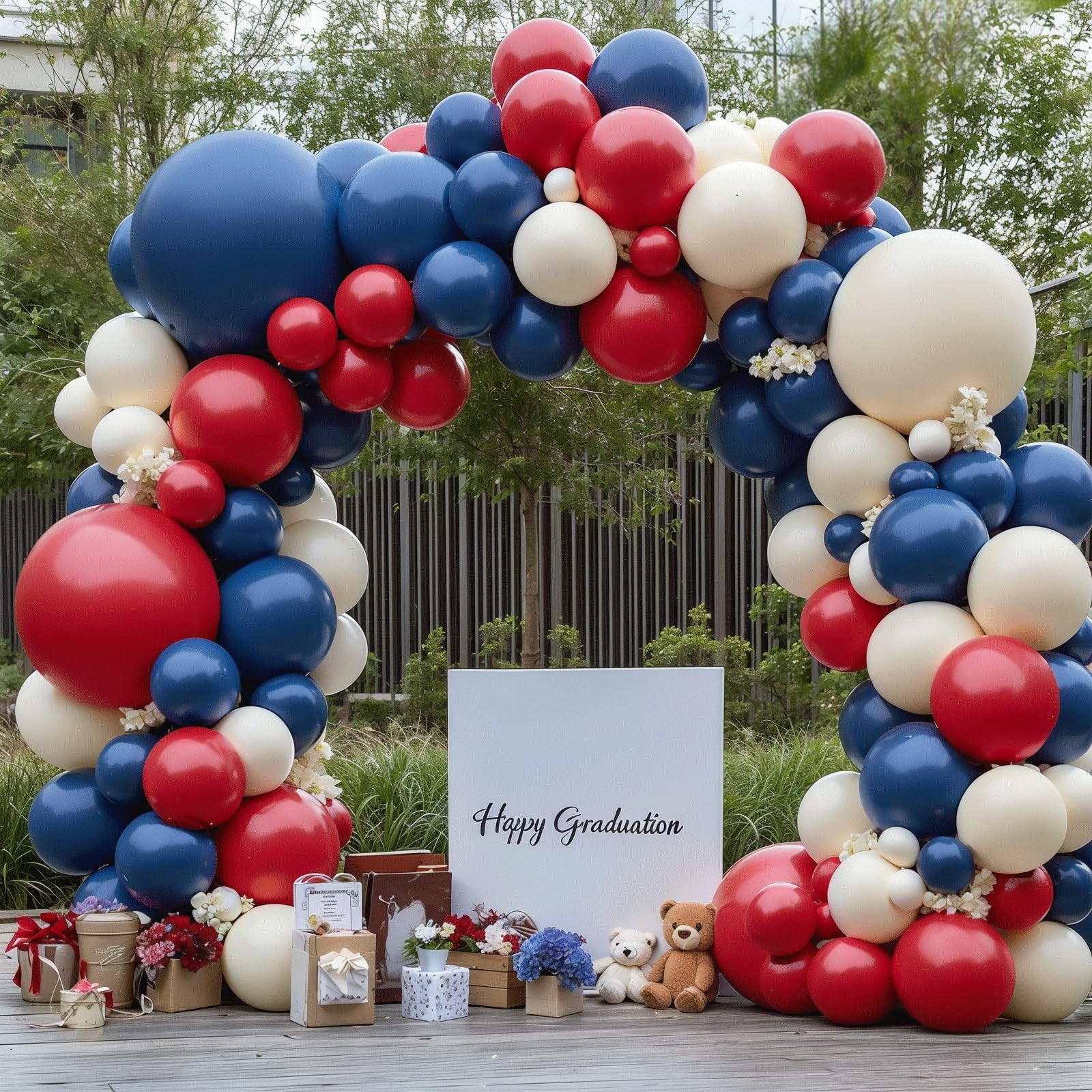 Red White Blue Balloons Arch Kit, Double Stuffed Dark Ruby Red Navy Blue Ivory W