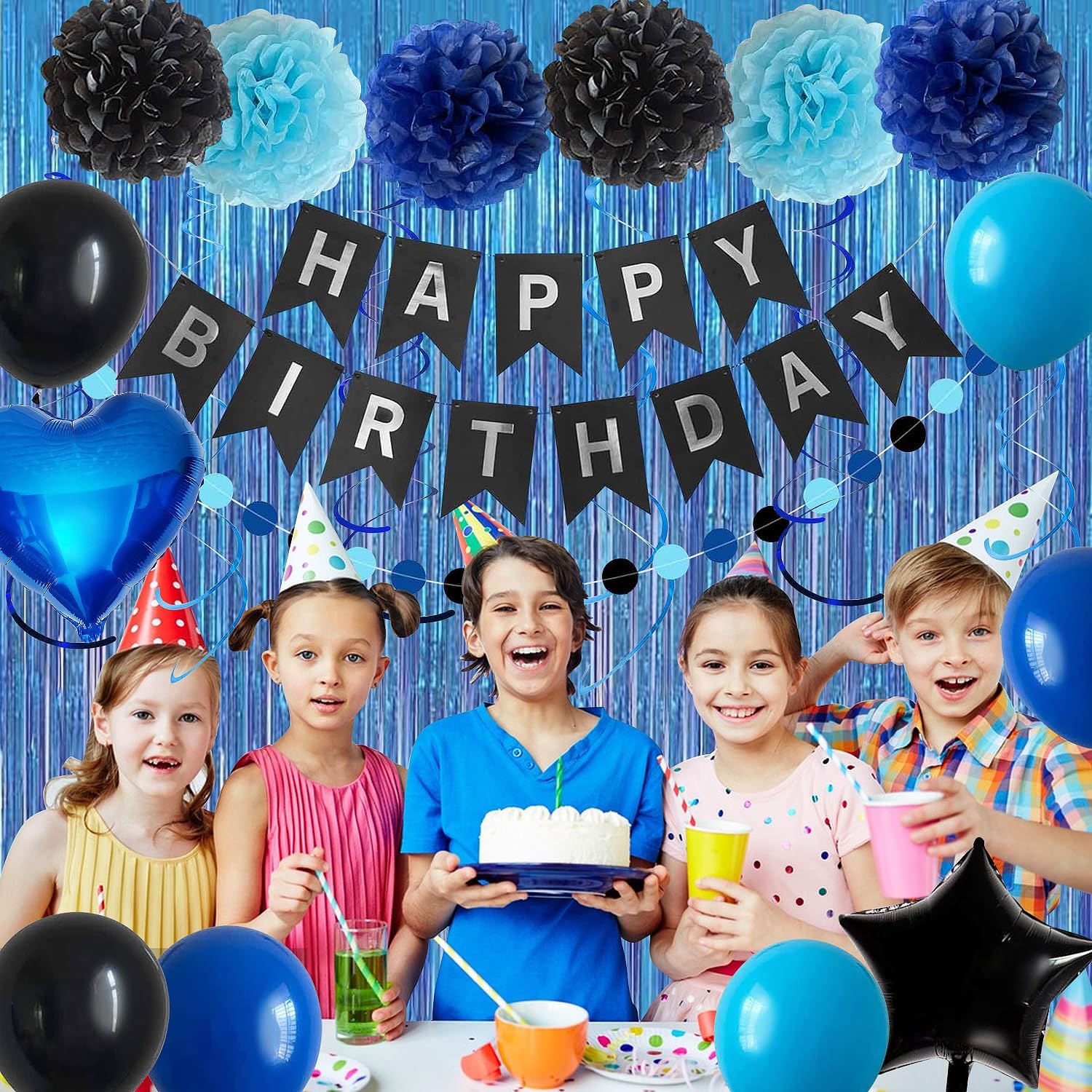 Blue and Black Happy Birthday Party Decorations kit for Boys Men Women with H…