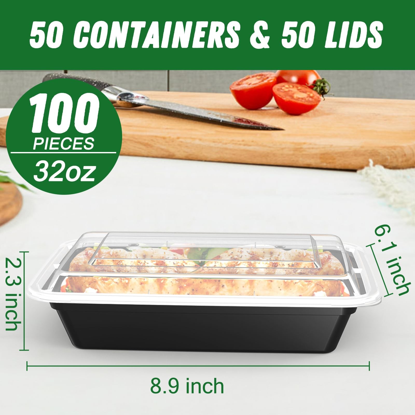 50 Pack (100-Piece) 32 oz Meal Prep Containers Reusable with Easy Open Lids, Stu