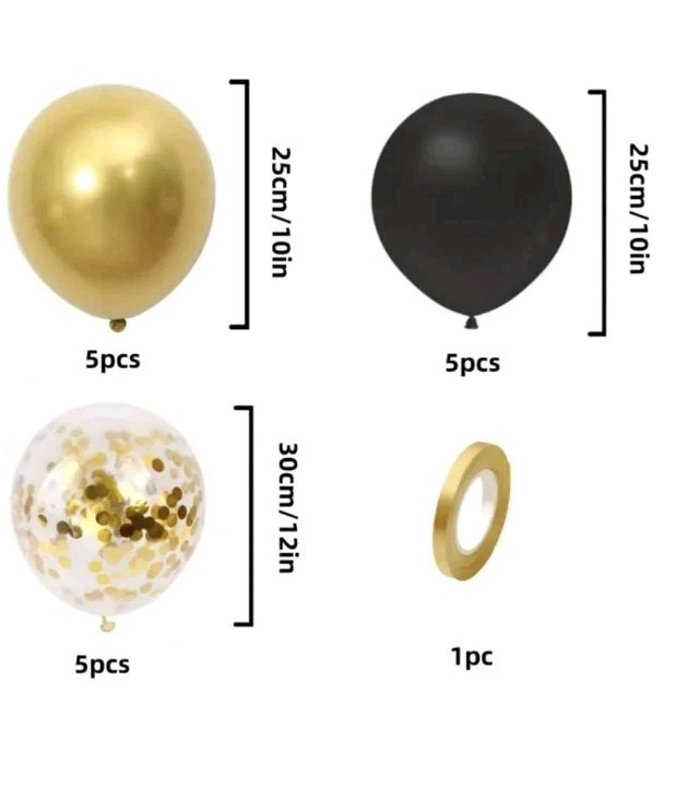 16pcs Black & Golden Confetti Latex Balloon with Ribbon for all Occasion Party