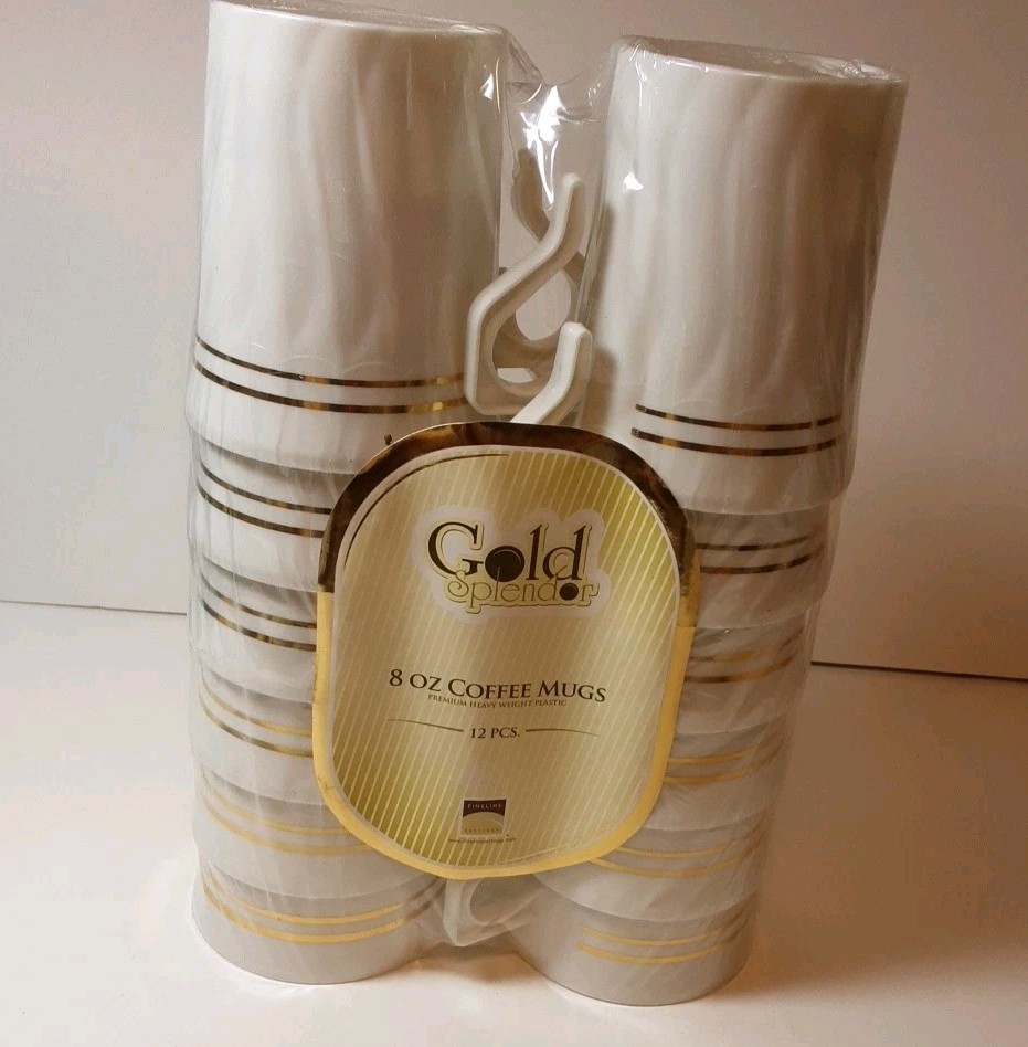 Fineline Settings Plastic 8 Oz. Coffee Mugs 12 Pk Gold Splendor NEW Unopened