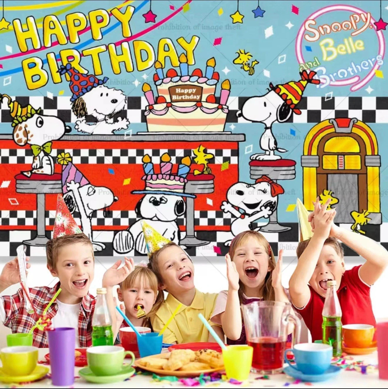 NEW Cartoon Peanuts Snoopy Theme Happy Birthday Backdrop 5 x 4.5ft