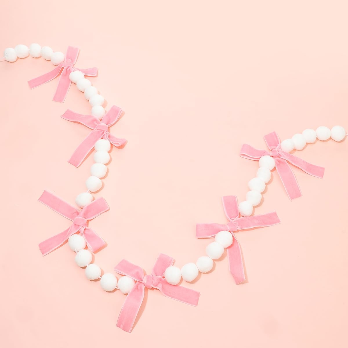 2Pcs Pink Bow Garland Felt Banner | Pink Bowknot Tie with White Pom Pom Balls…
