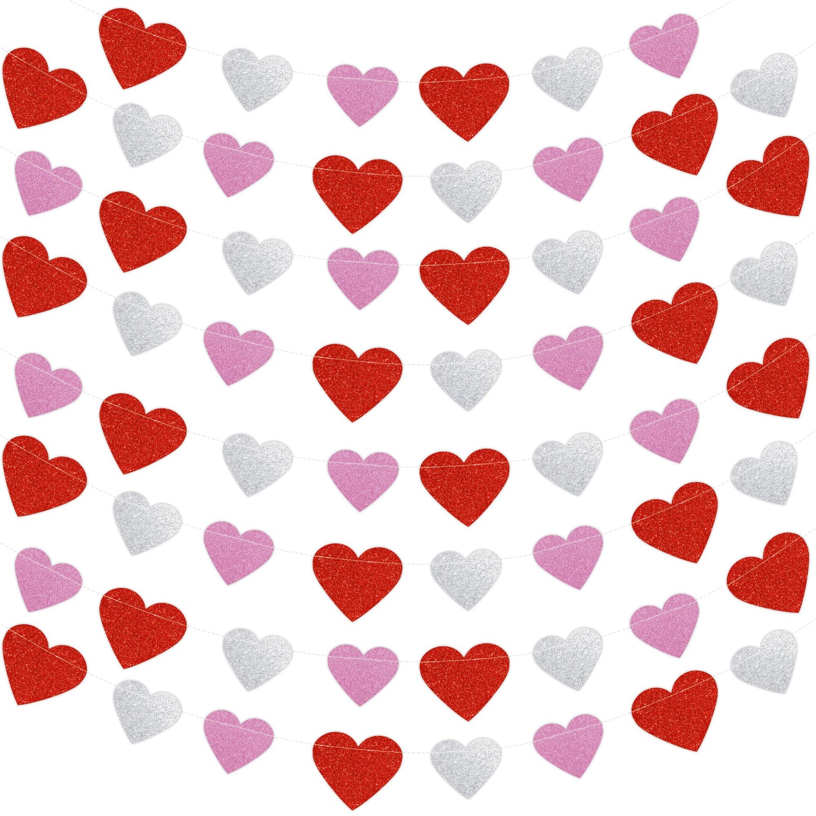 72 Hearts Garland Banner Valentines Decorations – Pre-Strung Red Pink Silver
