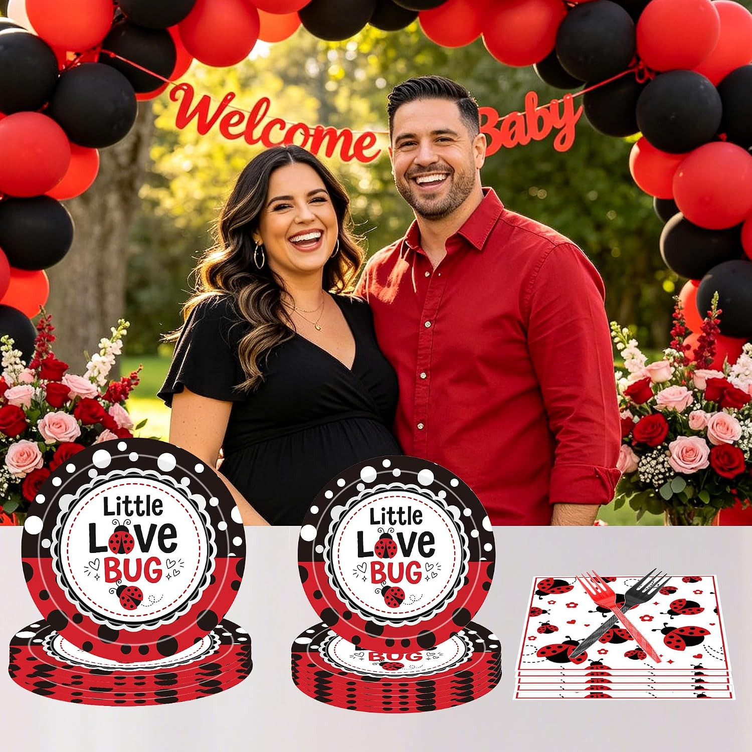 96 Pcs Love Bug Baby Shower Decorations, Lady Bug Tableware Set | Includes Paper