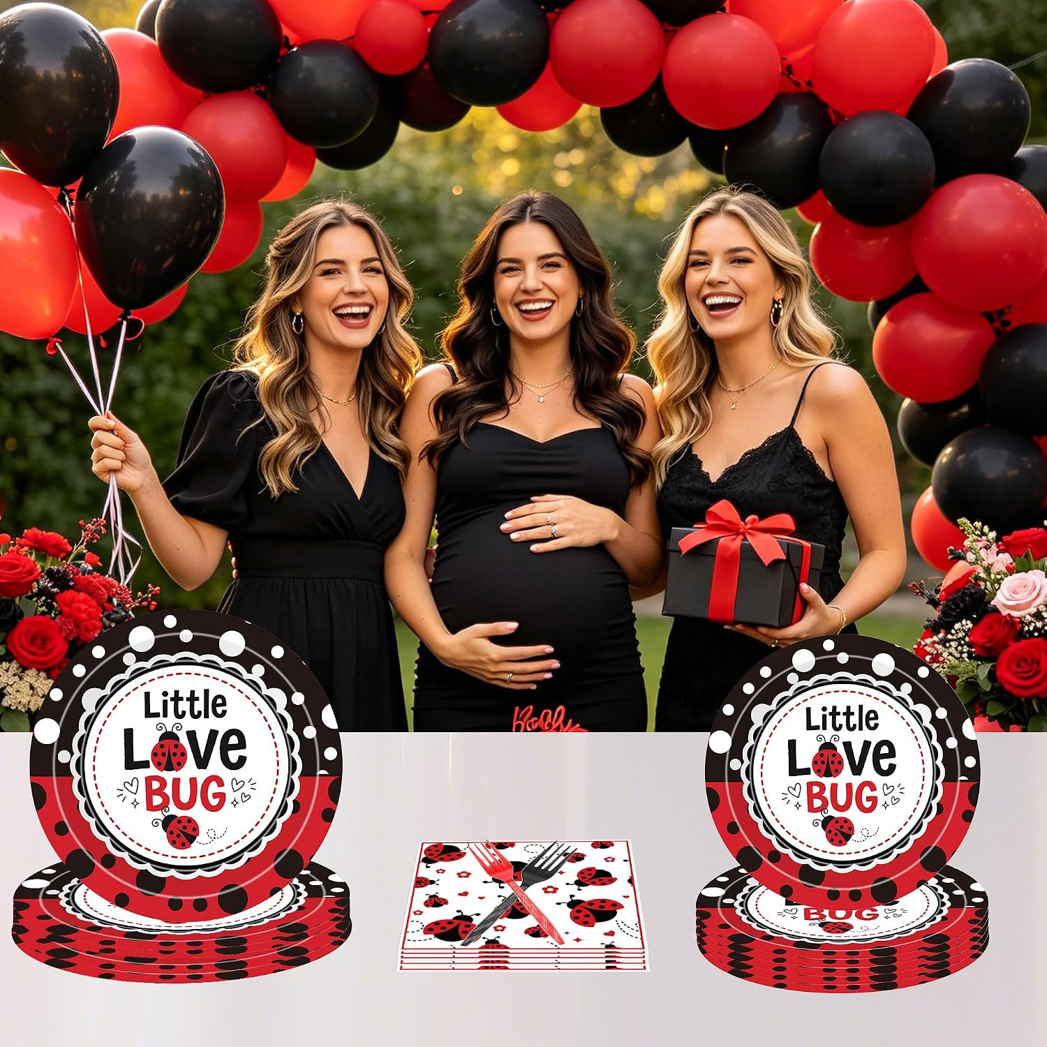 96 Pcs Love Bug Baby Shower Decorations, Lady Bug Tableware Set | Includes Paper