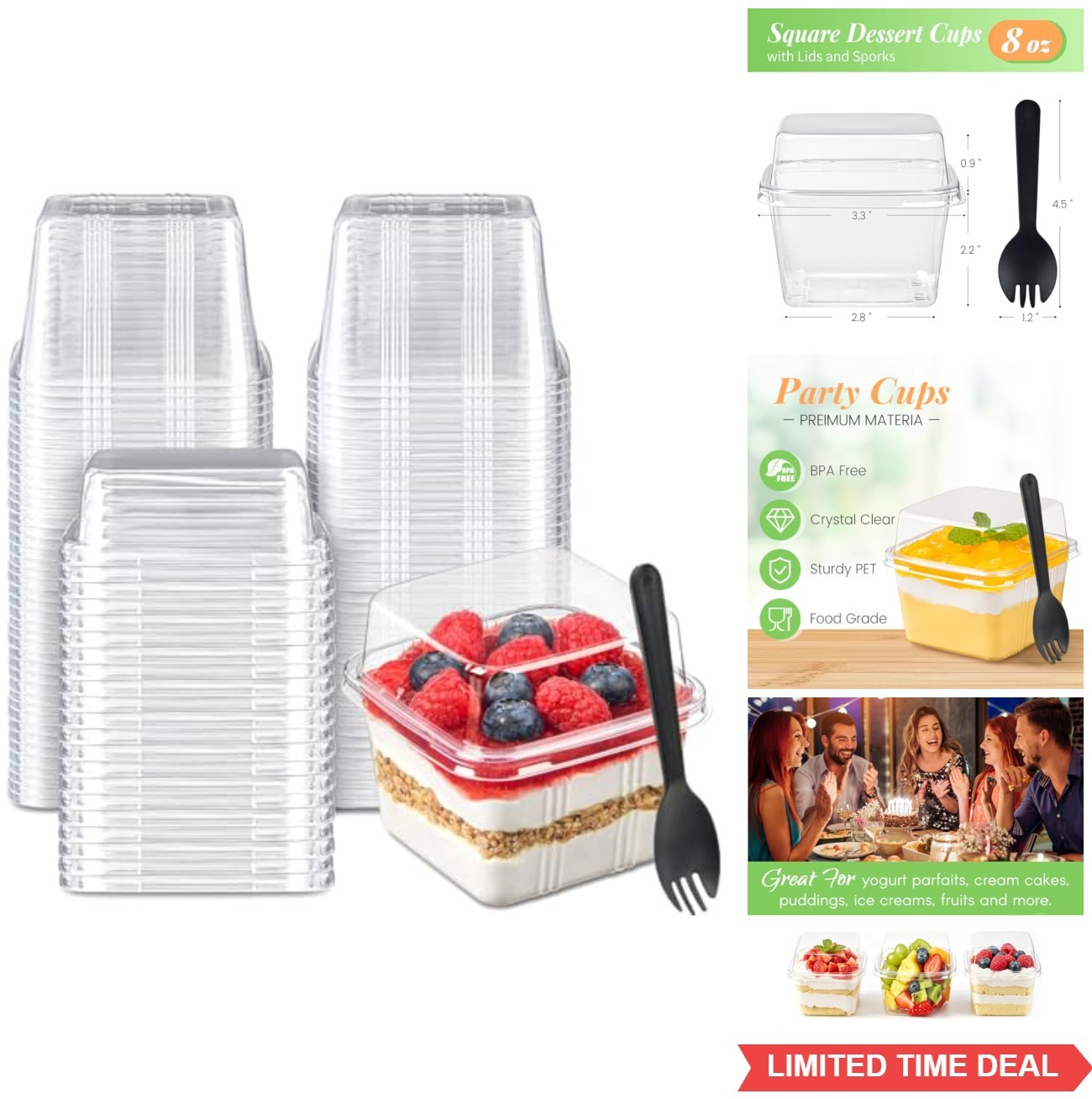 Dessert Cups 50 Count 8 oz Square Plastic Container with Lids Sporks Parfait