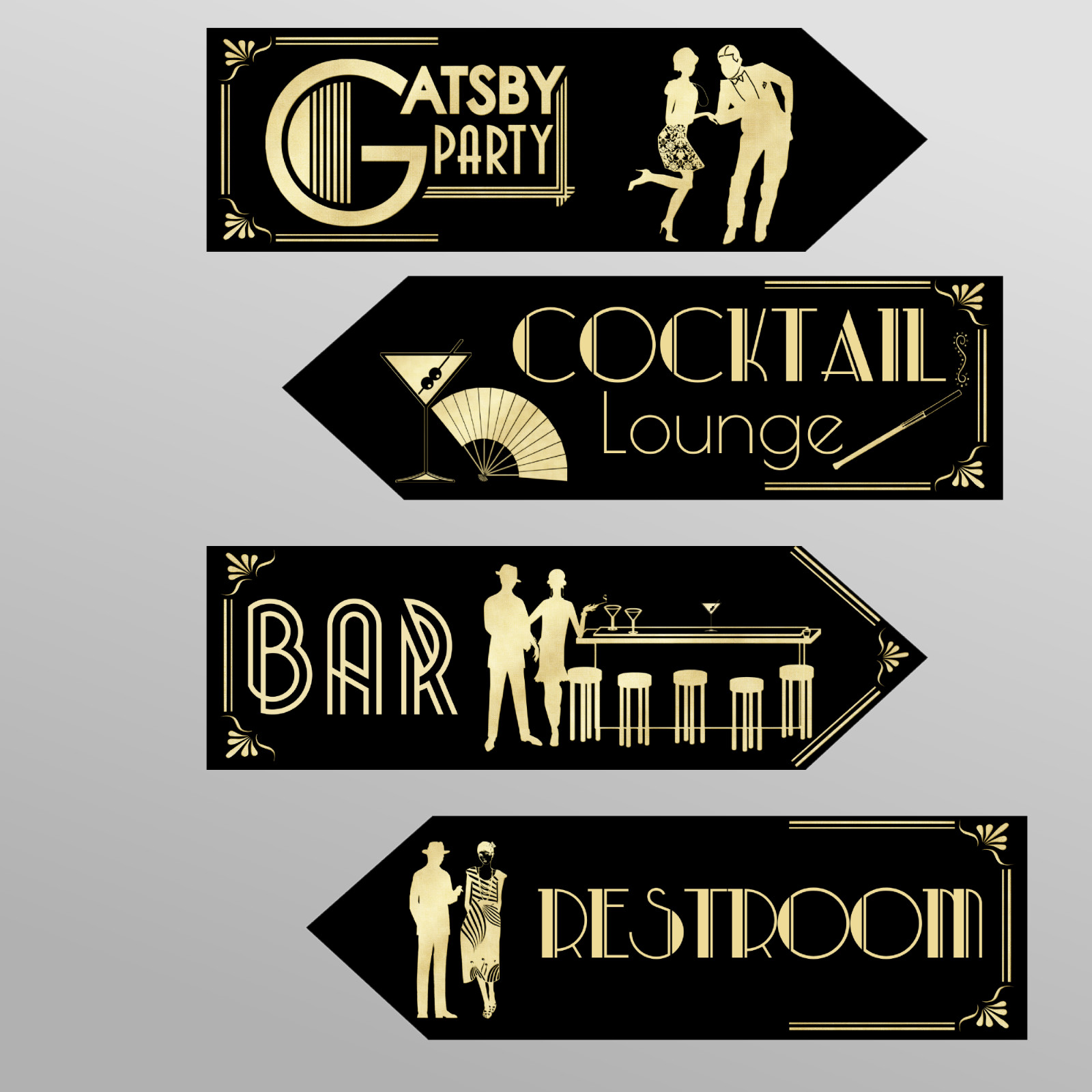 Set of 4 Gatsby 1920’s Theme Party Art Deco Decoration Arrow Signs