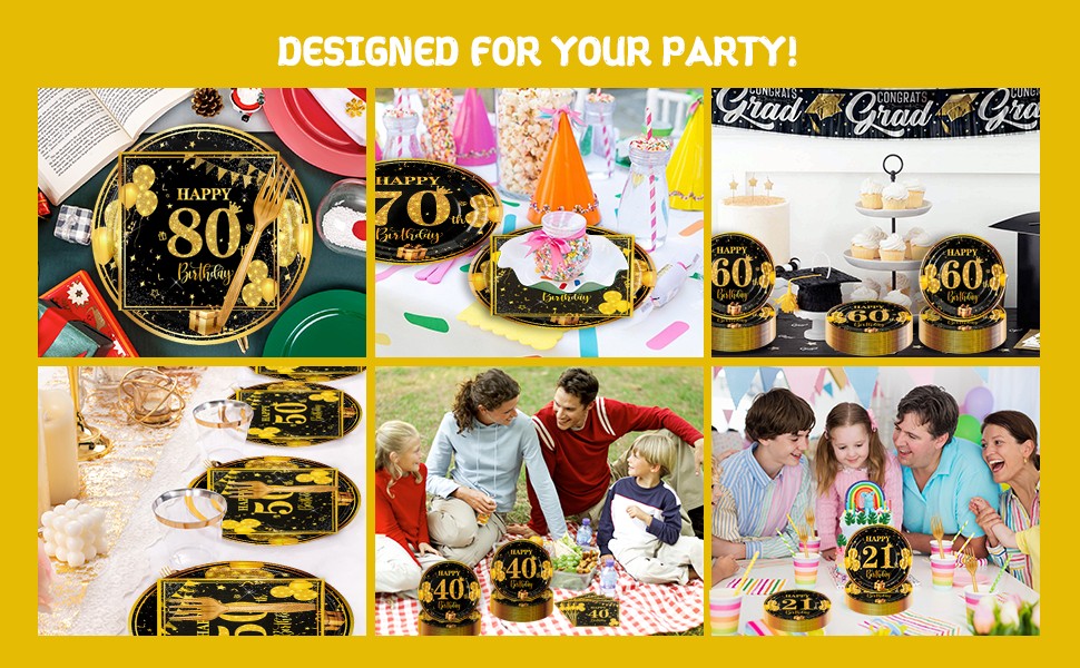 70th 7 inch Birthday Party Paper Plates and Napkins Forks 60 pcs Black Gold