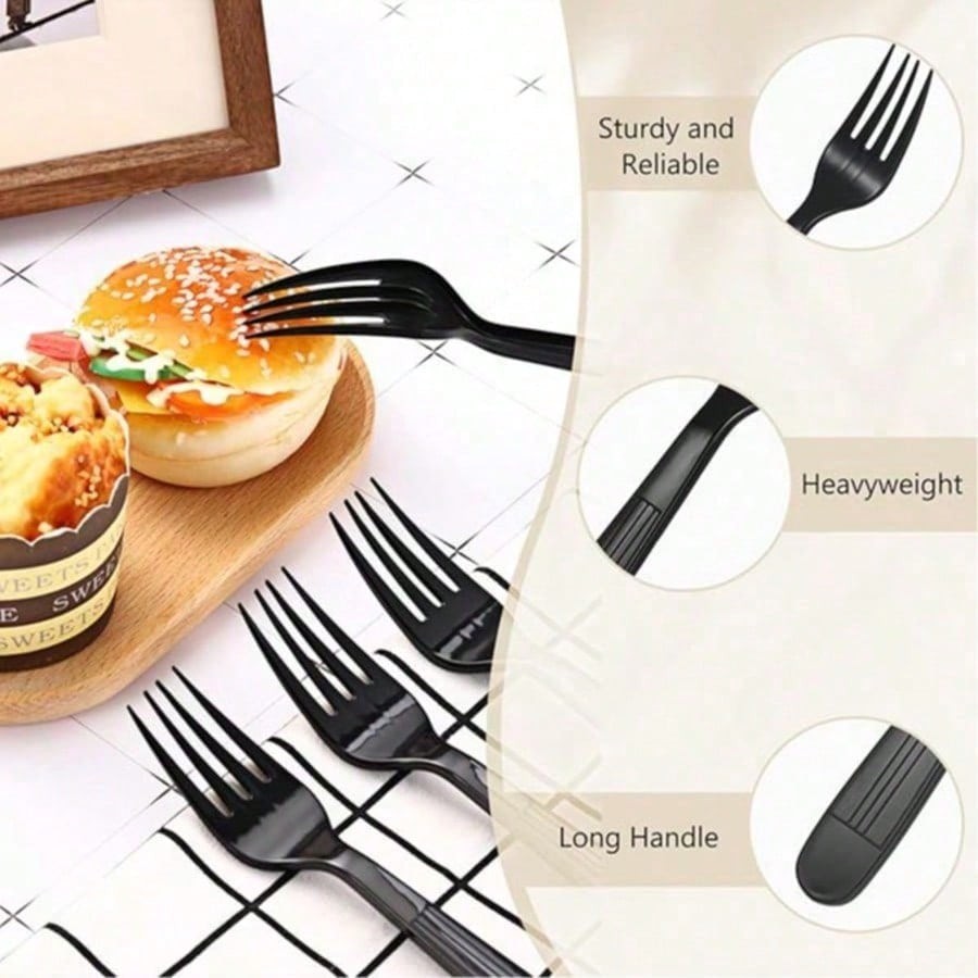 Extra Heavy Duty Black Disposable Plastic Forks 100 Pack Heat Resistant Durable