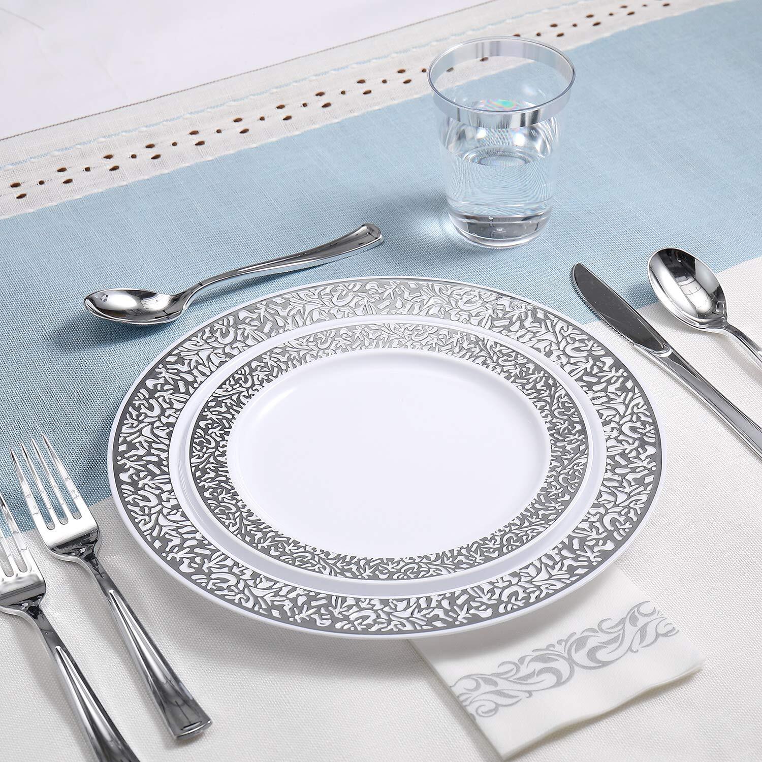 175 Silver Dinnerware Set For 25 Guests White Plastic Plates With Silver Lace Ri