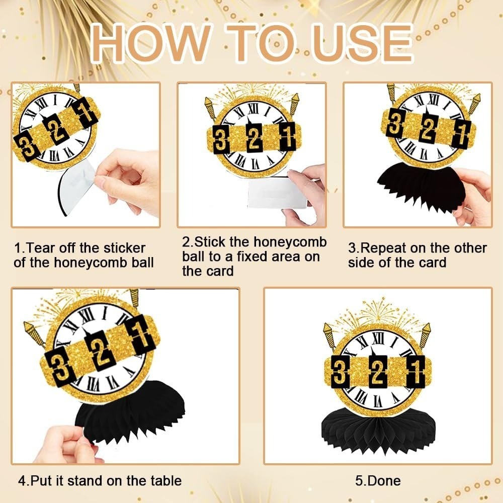 9PCS New Year Honeycomb Table Centerpiece for Home Party, Black Gold 2025 New