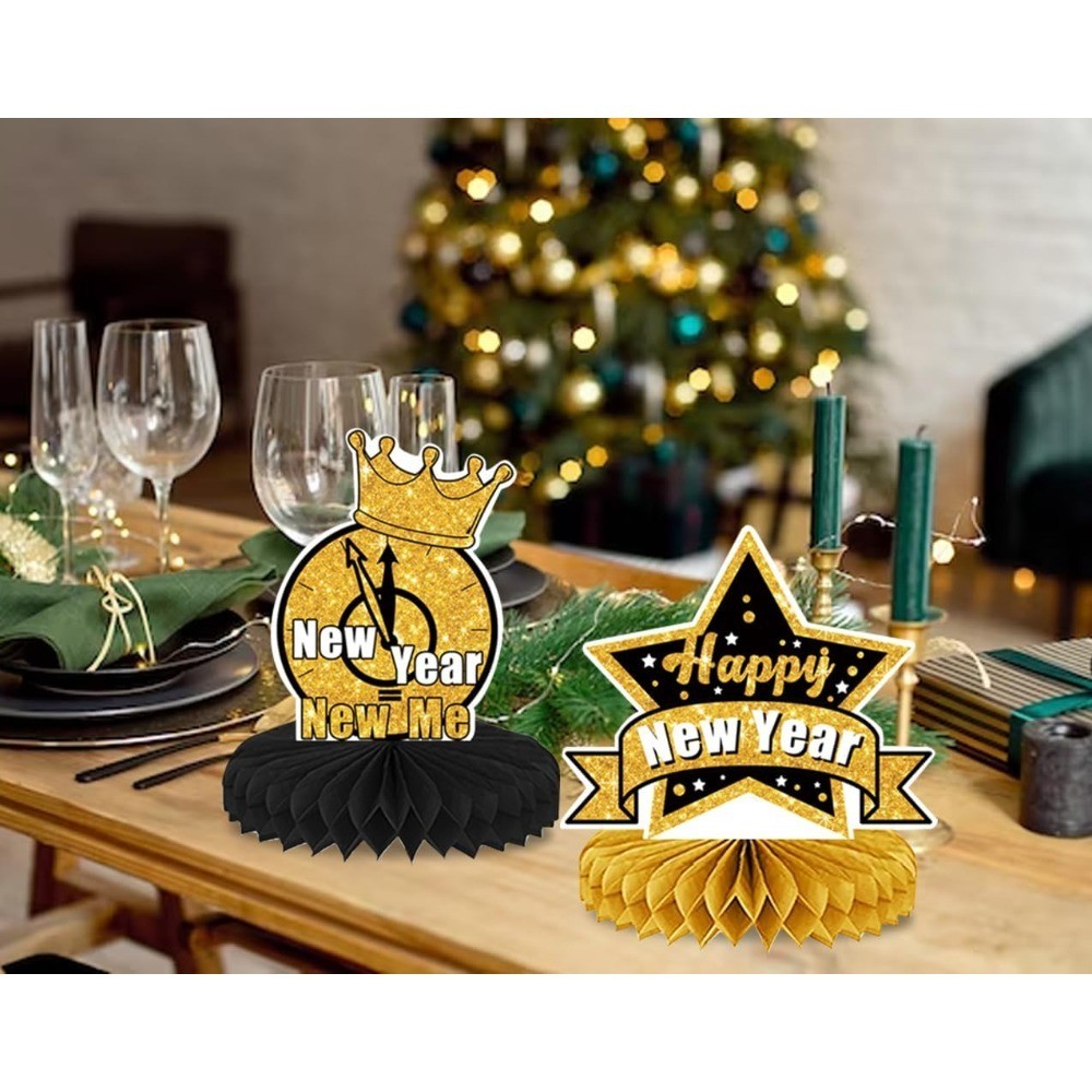 9PCS New Year Honeycomb Table Centerpiece for Home Party, Black Gold 2025 New