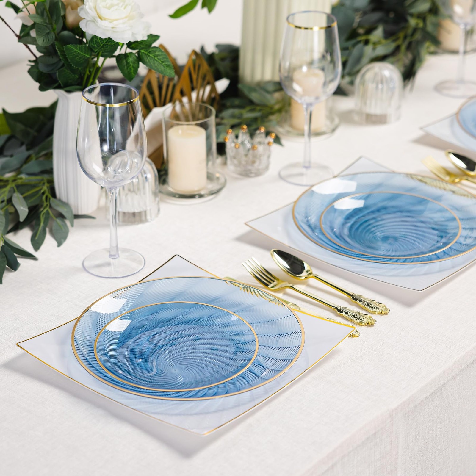 60PCS Blue Plastic Plates for Party, Heavy Duty Disposable Plate with Gold Ri…