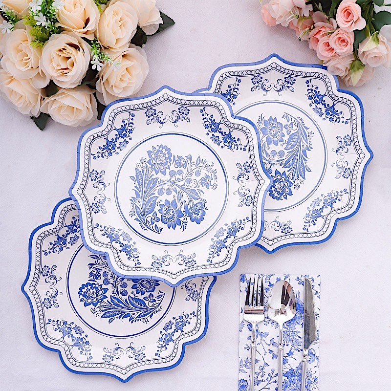 25 White Blue 10 in Floral Disposable Dessert Paper PLATES Scallop Trim Party