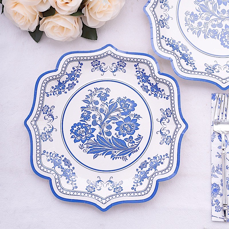 25 White Blue 10 in Floral Disposable Dessert Paper PLATES Scallop Trim Party