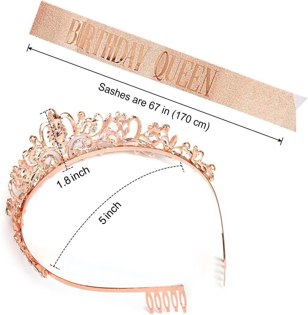 Stylish Rhinestone Tiara and Adjustable Birthday Sash Set in Rose Gold
