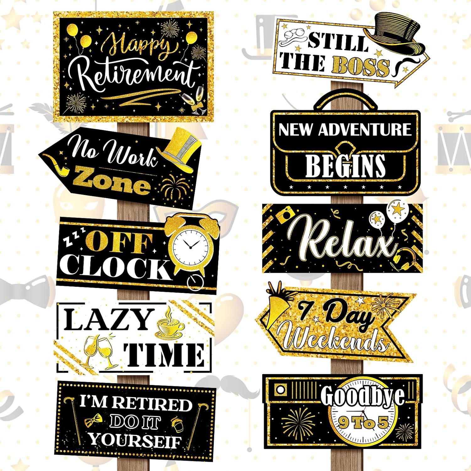 20 Pcs Retirement Party Decorations Black and Gold Happy Retirement Banner Sign