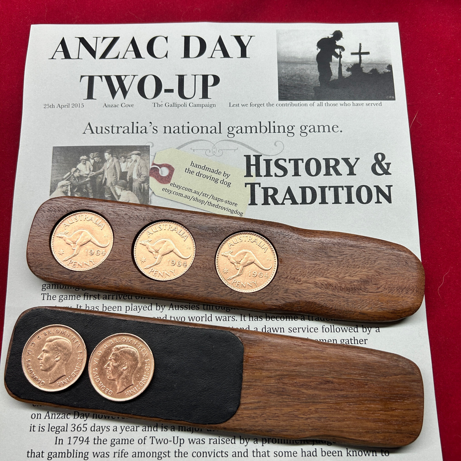 ANZAC Day Deluxe Two-Up Game Set Kip with 3 Australian Pennies & Leather Pad 2UP