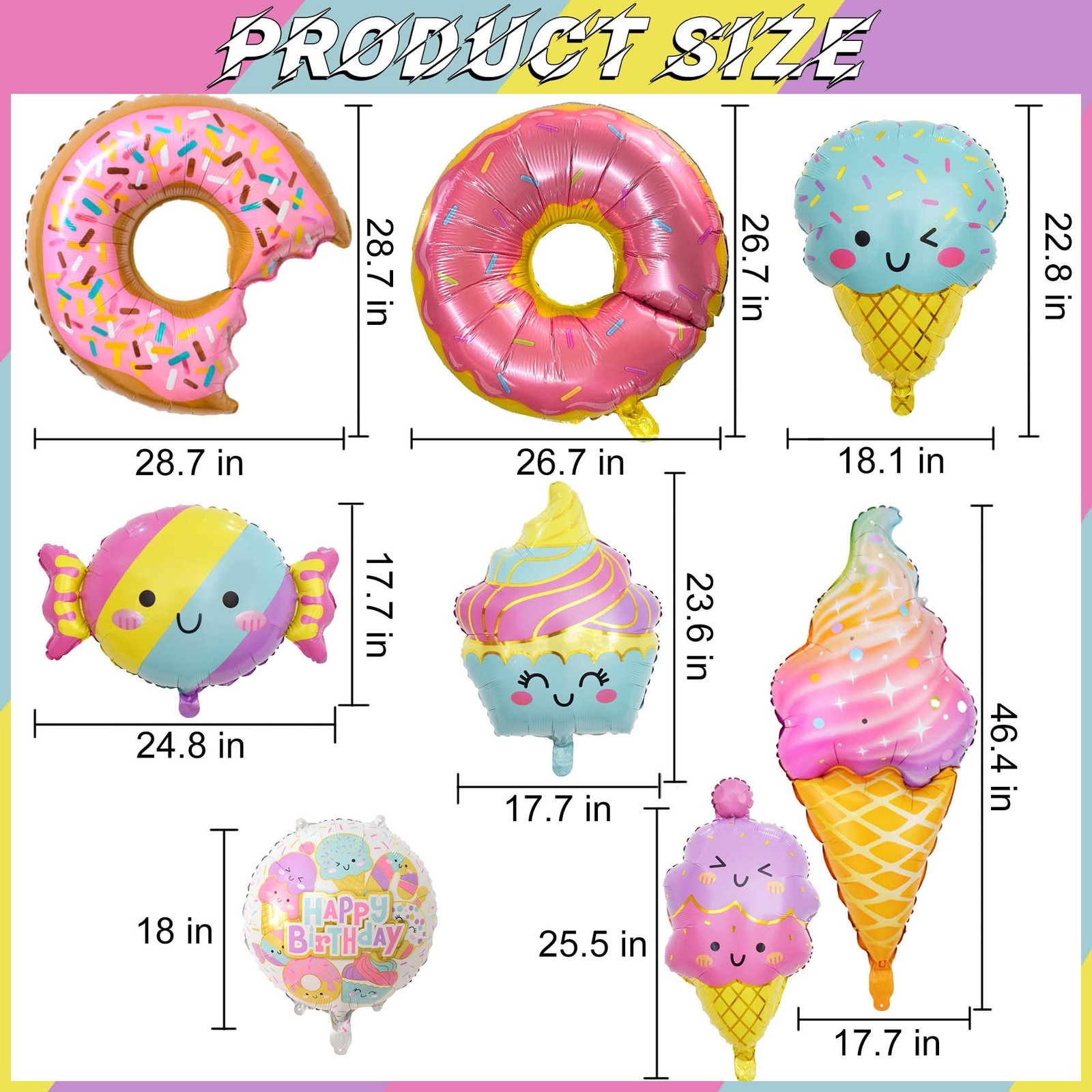NGJGTR 9 PCS Donut Ice Cream Foil Balloons, Doughnut Mylar Foil Balloons Ice