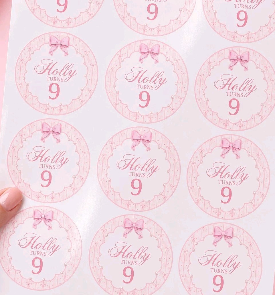 40 Personalised Pink Bow Birthday Sweet Cone Stickers Custom Party Favour Label