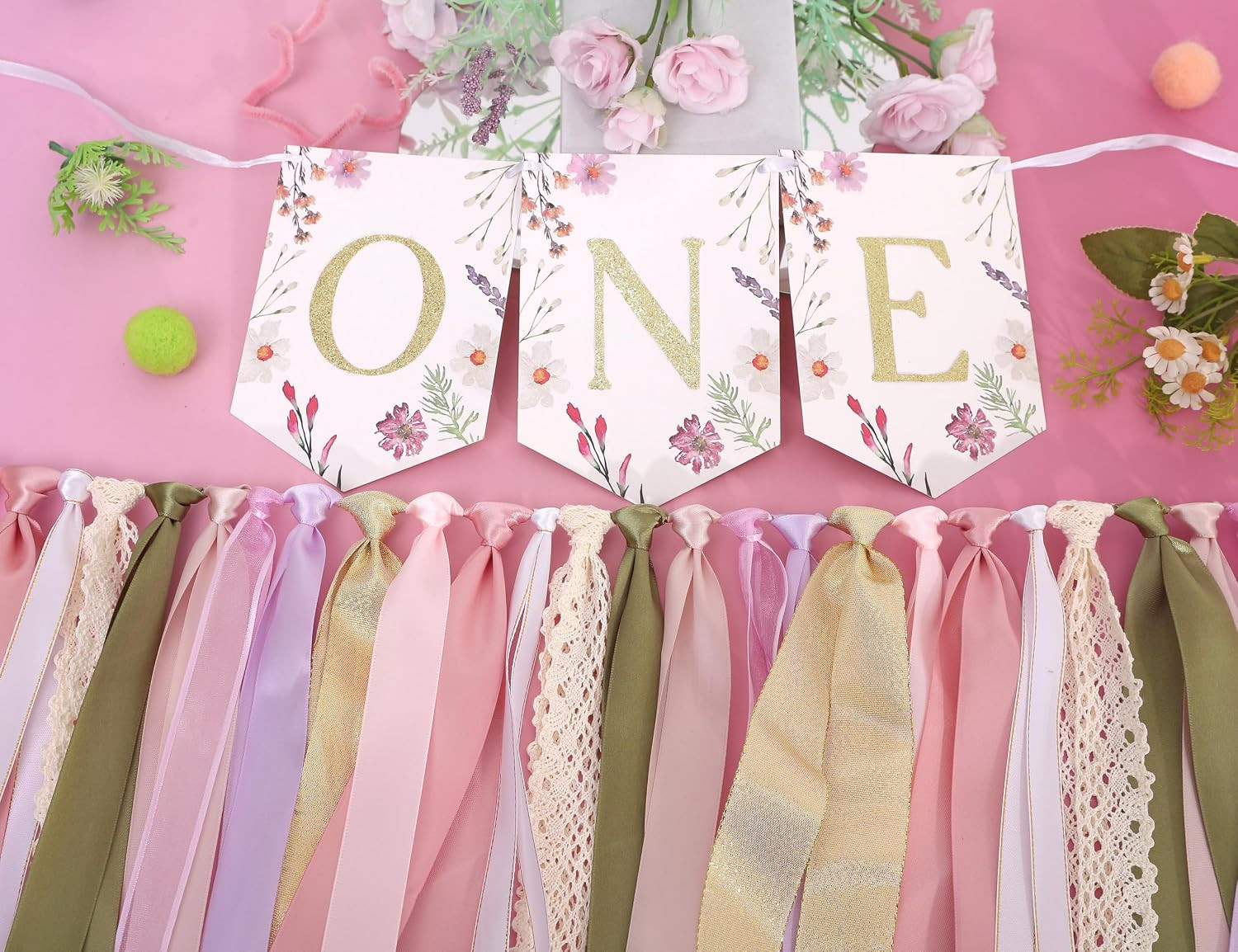 Floral Boho ONE High Chair Banner for Girls 1St Birthday – Pink Wild Flower Firs