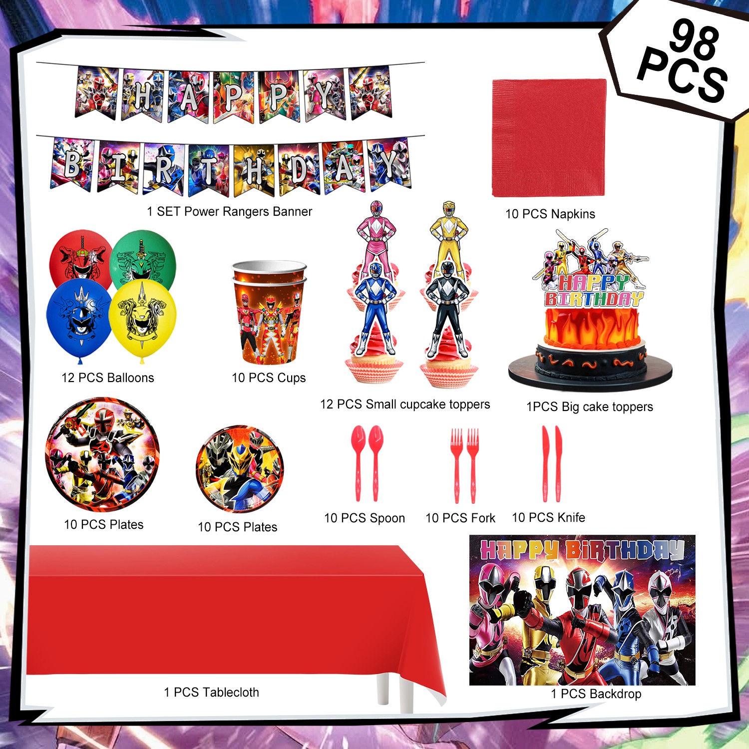 98 Pcs Power Rangers Decorations Tableware,Power Rangers Party Backdrop Banner