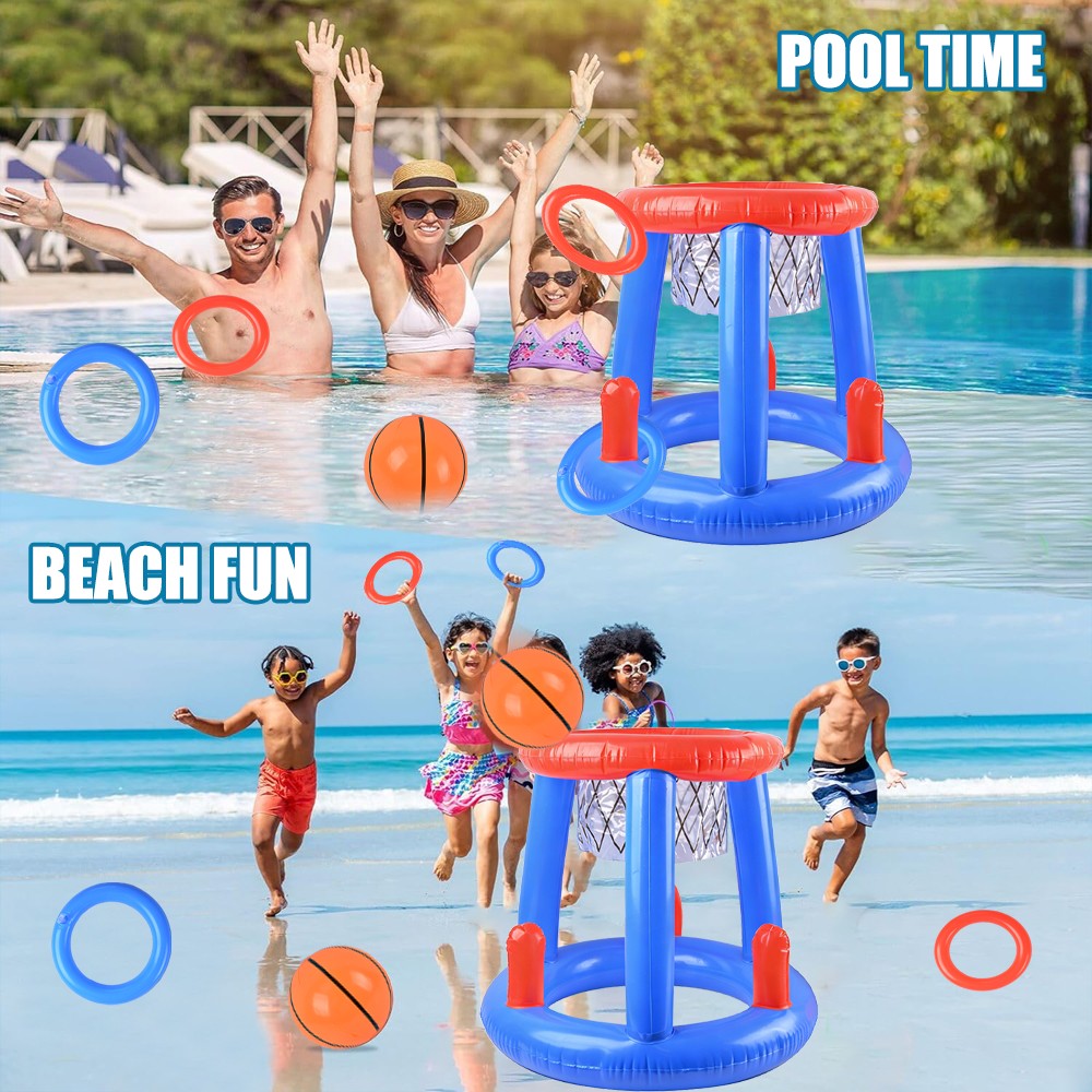 Inflatable Floating Swimming Pool Game Family Basketball Hoop Ring Toss Toys Set