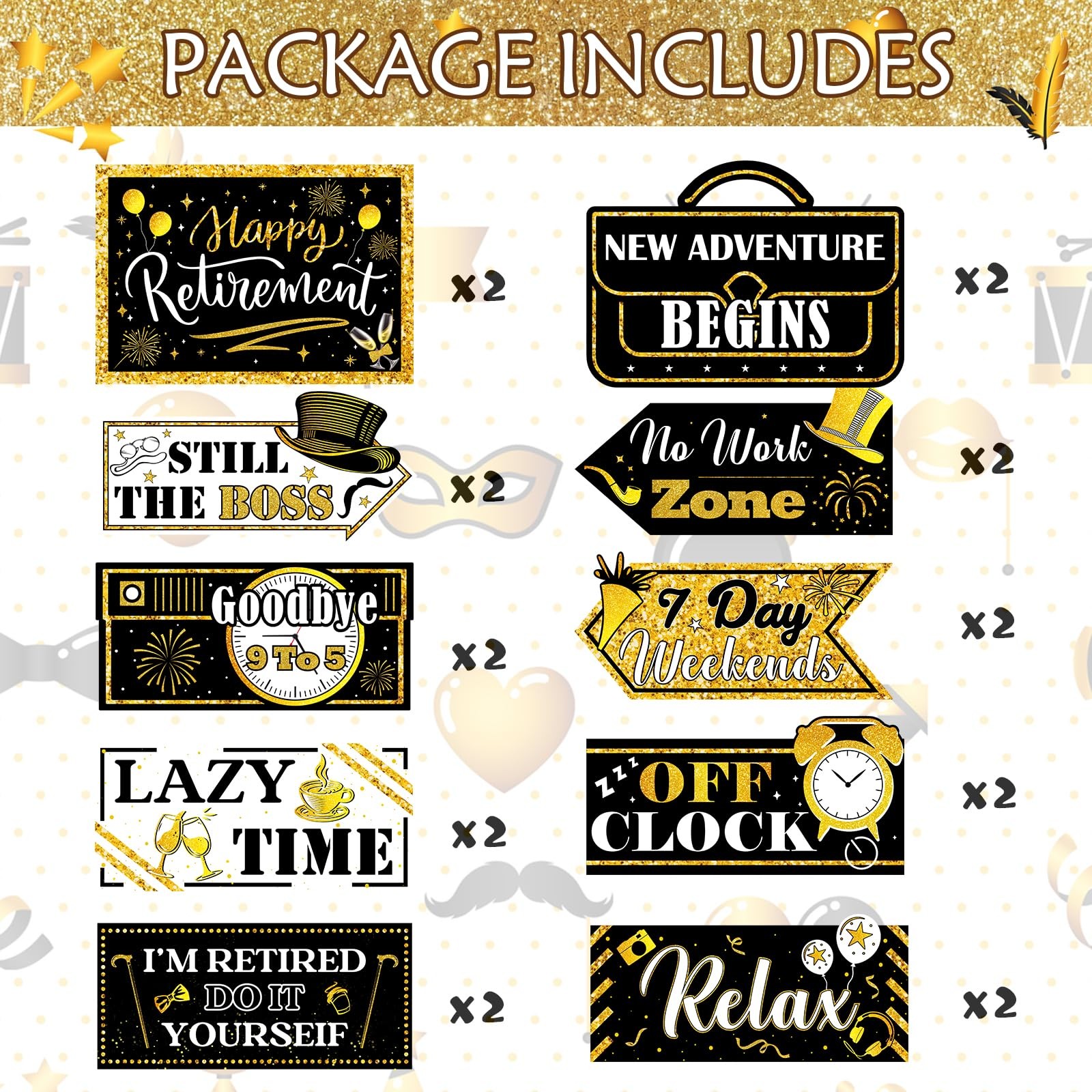 20 Pcs Black and Gold Happy Retirement Banner Sign Party Decorations