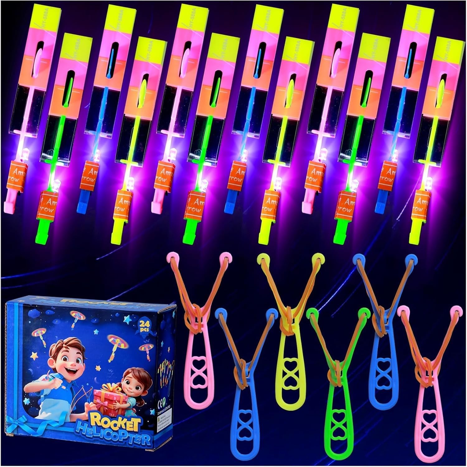 Rocket Slingshot Flying Toys with LED Lights – 24 Pcs Kids Outdoor Game with