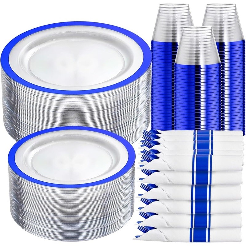 Heavyweight Clear Plastic Plates W/ Elegant Blue Rim Party Wedding Events 210Pcs