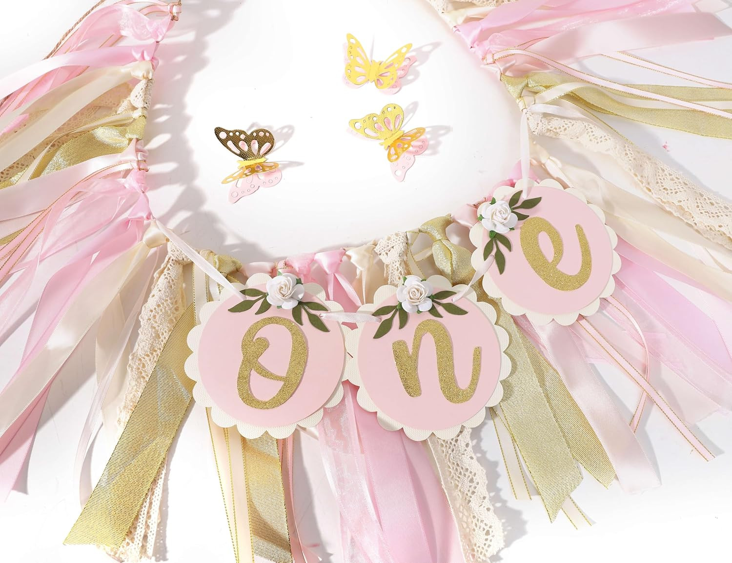 Pink Golden Floral High Chair Banner – Rose 1St Birthday Highchair Banner, Girls