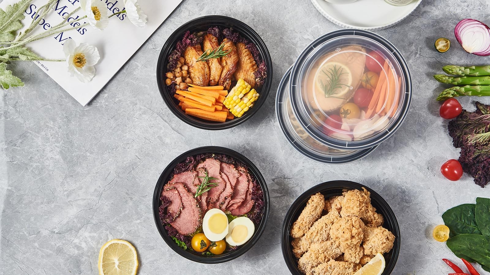 FULING 24 oz 50 ct Round Meal Prep Food Storage Containers with Lids To Go Plast