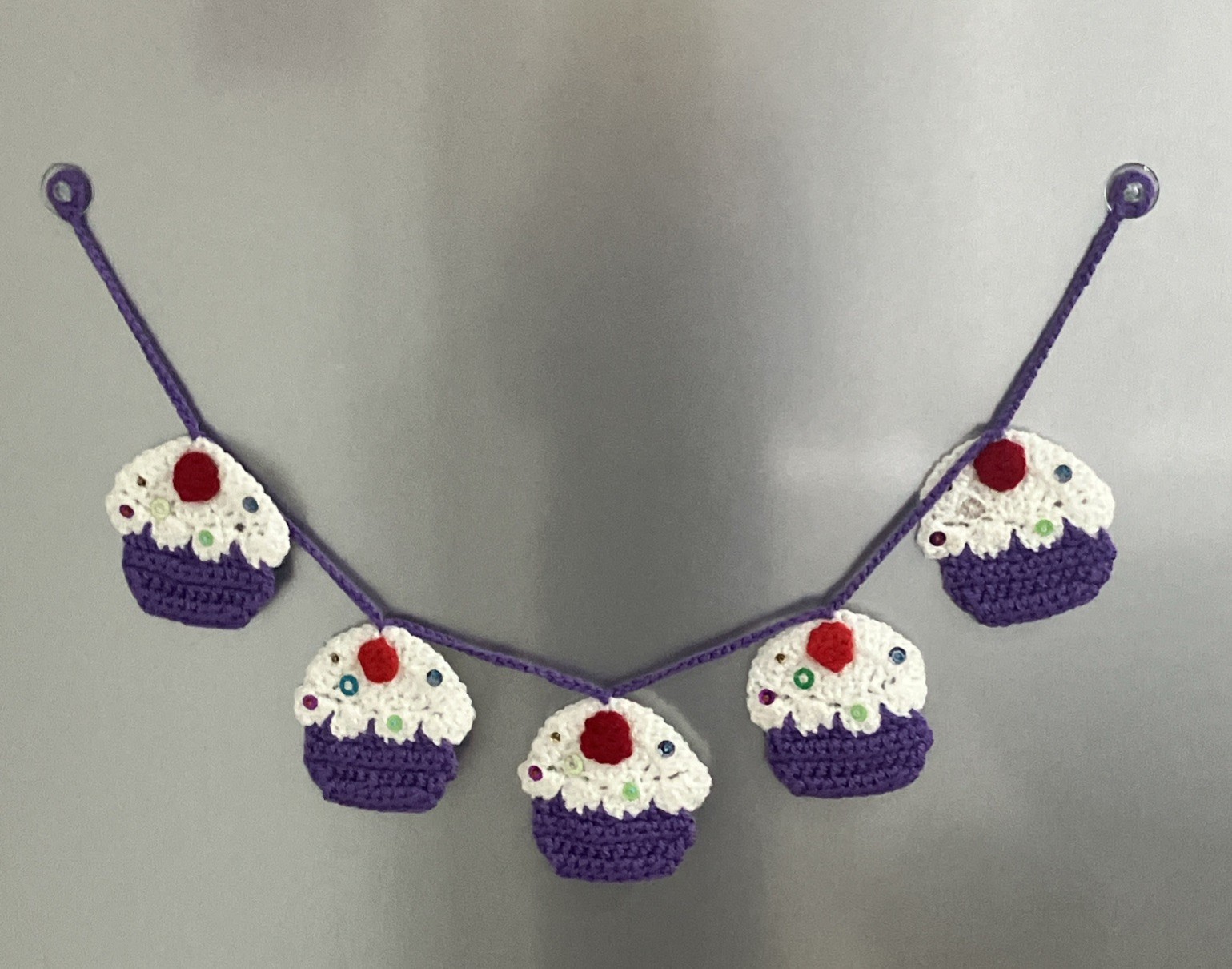 🧁🍒NEW Hand Crochet Cupcake cherry sequins Window Bunting Birthday camper Gift